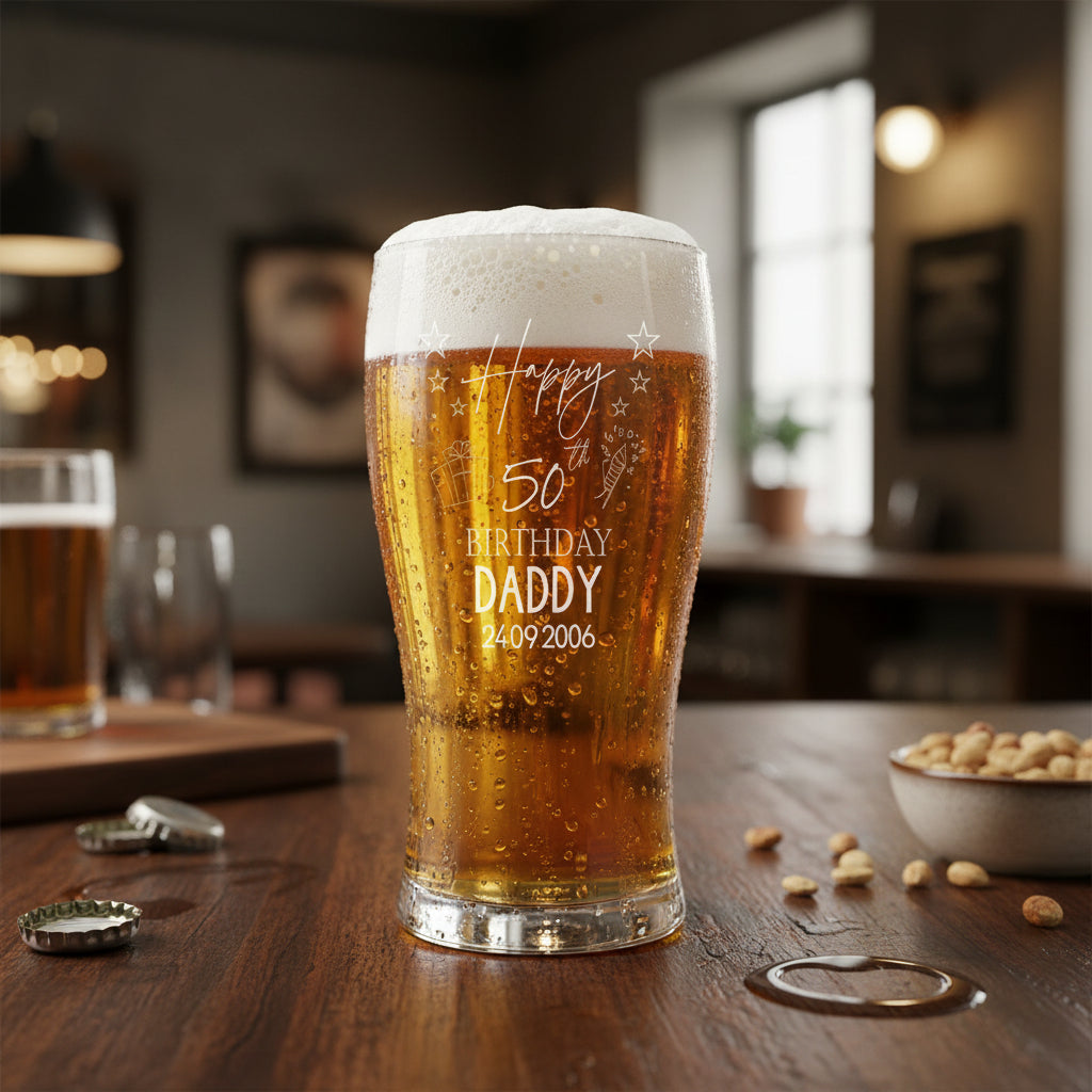 50th Birthday Personalised Beer Glasses Gift for Him with Star Design personalised beer glasses ukgiftstoreonline