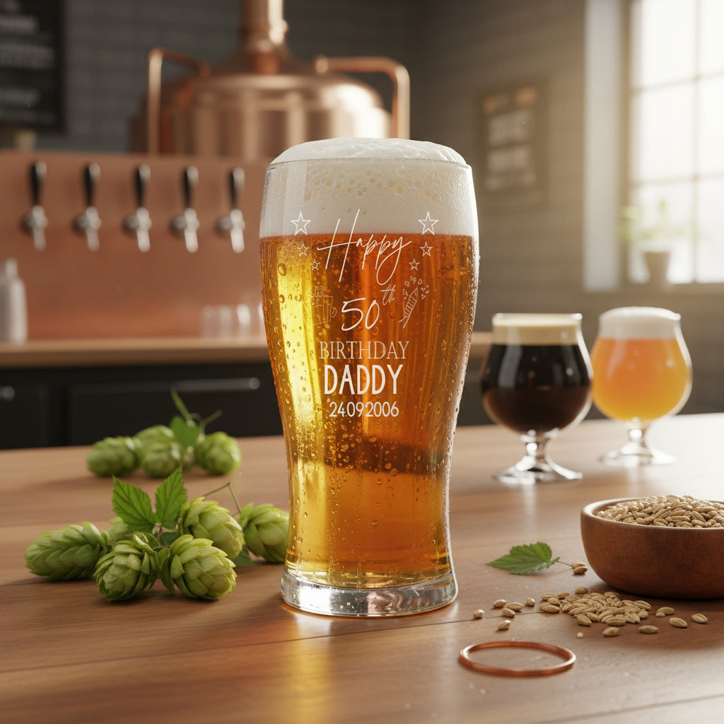 50th Birthday Personalised Beer Glasses Gift for Him with Star Design personalised beer glasses ukgiftstoreonline