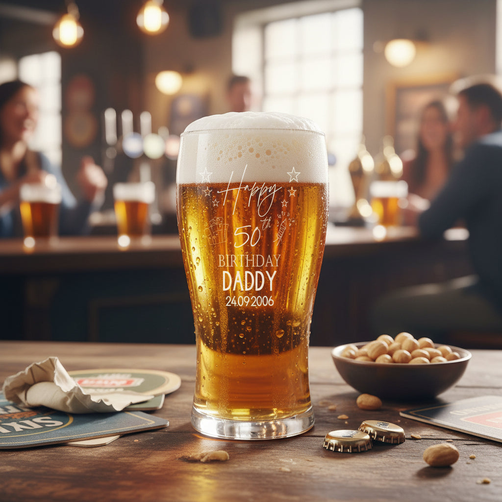 50th Birthday Personalised Beer Glasses Gift for Him with Star Design personalised beer glasses ukgiftstoreonline