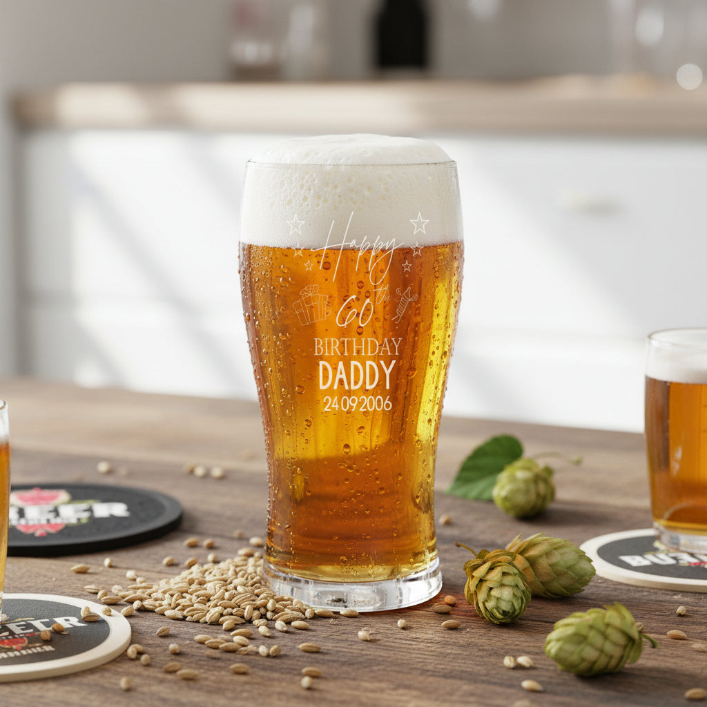 60th Birthday Personalised Beer Glasses Gift for Him with Star Design personalised beer glasses ukgiftstoreonline