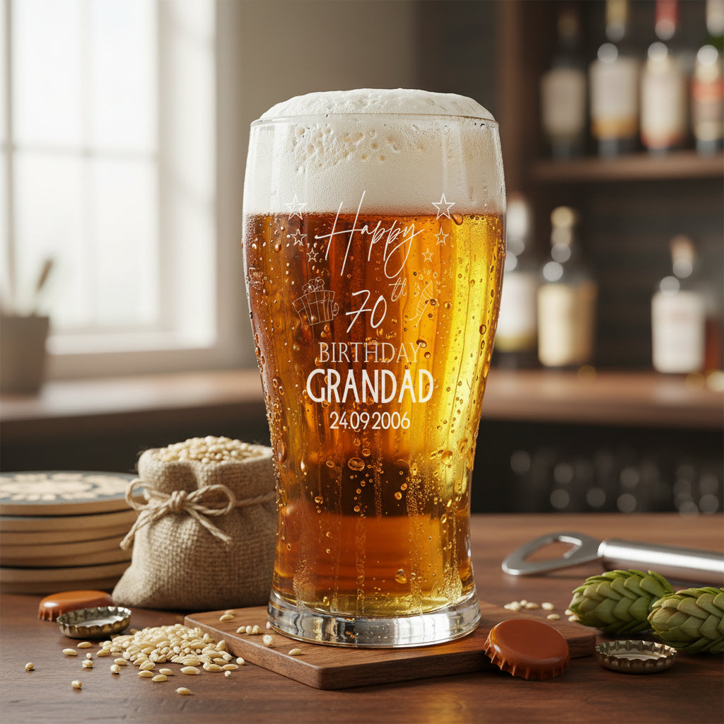 70th Birthday Personalised Beer Glasses Gift for Him with Star Design personalised beer glasses ukgiftstoreonline