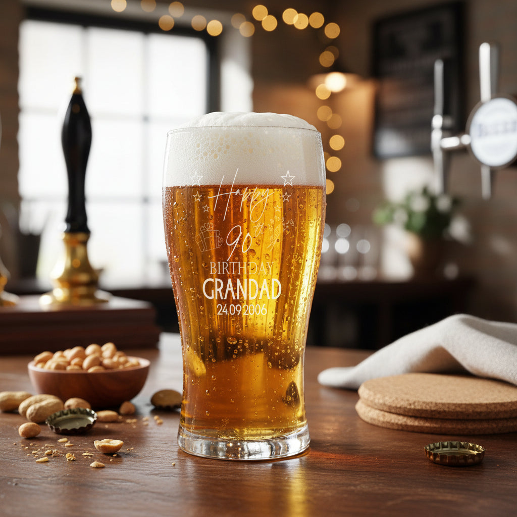 90th Birthday Personalised Beer Glasses Gift for Him with Star Design personalised beer glasses ukgiftstoreonline