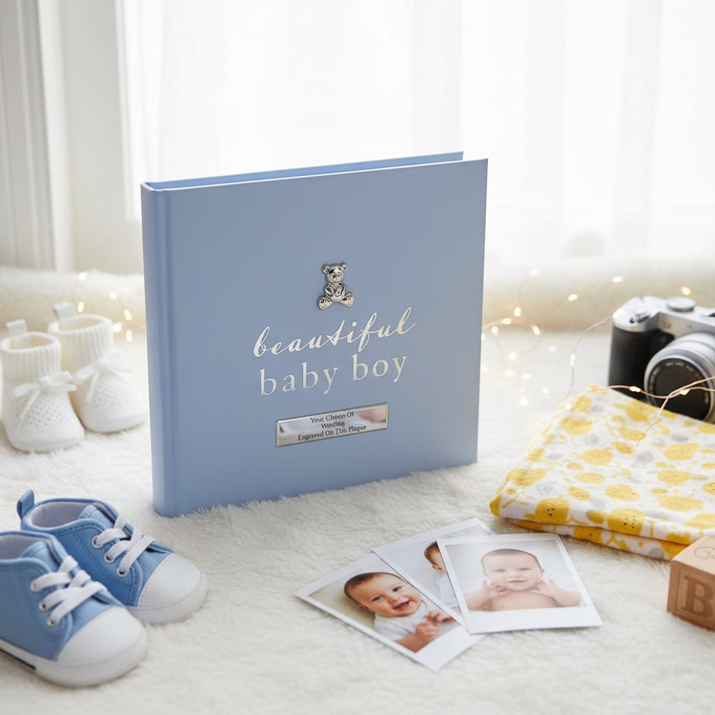 PERSONALISED BABY BOY PHOTO ALBUM 50 PICTURES BLUE AND SILVER Baby Photo Album ukgiftstoreonline