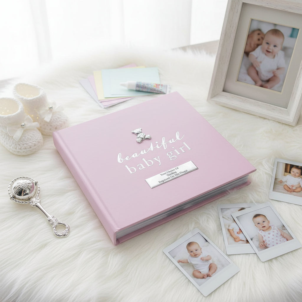 PERSONALISED BABY GIRL PHOTO ALBUM 50 PICTURES PINK AND SILVER Baby Photo Album ukgiftstoreonline