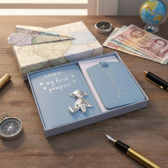 Personalised Debossed Baby Boy Passport Cover and Luggage Tag Holder Gift Set With Teddy Baby Product ukgiftstoreonline