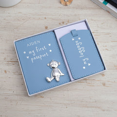 Personalised Debossed Baby Boy Passport Cover and Luggage Tag Holder Gift Set With Teddy Baby Product ukgiftstoreonline