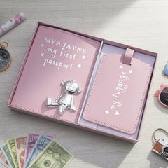 Personalised Debossed Baby Girl Passport Cover and Luggage Tag Holder Gift Set With Teddy Baby Product ukgiftstoreonline