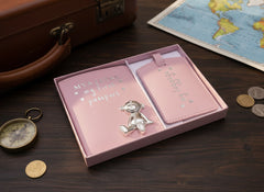 Personalised Debossed Baby Girl Passport Cover and Luggage Tag Holder Gift Set With Teddy Baby Product ukgiftstoreonline