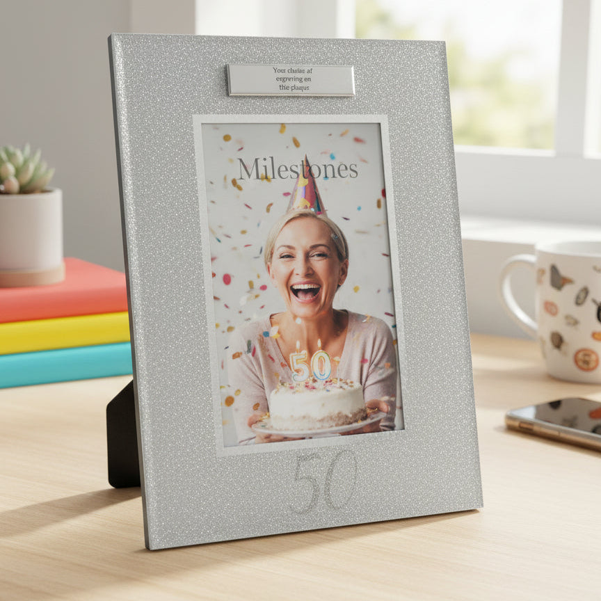 Personalised 50th Birthday Photo Frame Silver Glitter Gift Birthday Photo Frame ukgiftstoreonline