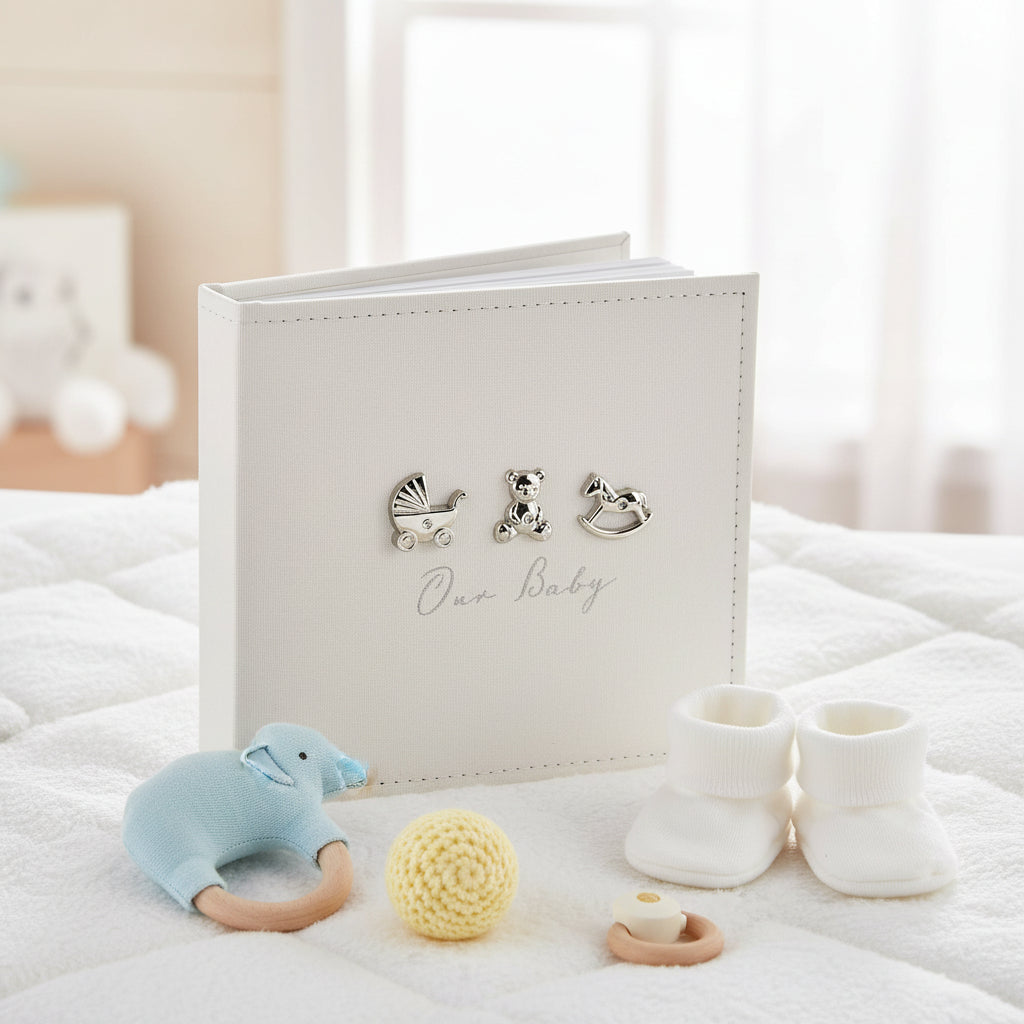 Linen Finish Baby Photo Album Gift Boxed With Metal Icons 50 6 x 4" Photos Baby Photo Album ukgiftstoreonline
