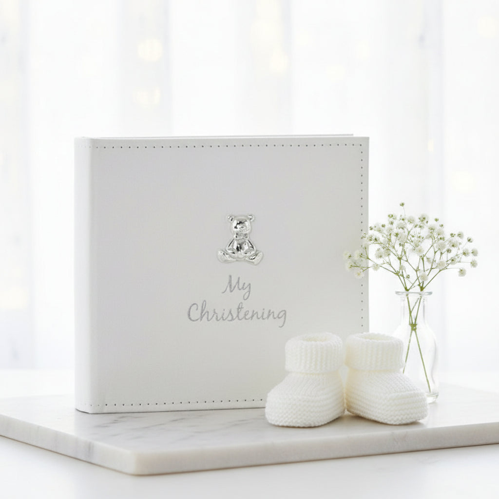 Suede Christening Photo Picture Album With 3D Teddy Emblem Christening Photo Album ukgiftstoreonline