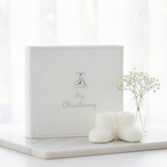 Suede Christening Photo Picture Album With 3D Teddy Emblem Christening Photo Album ukgiftstoreonline