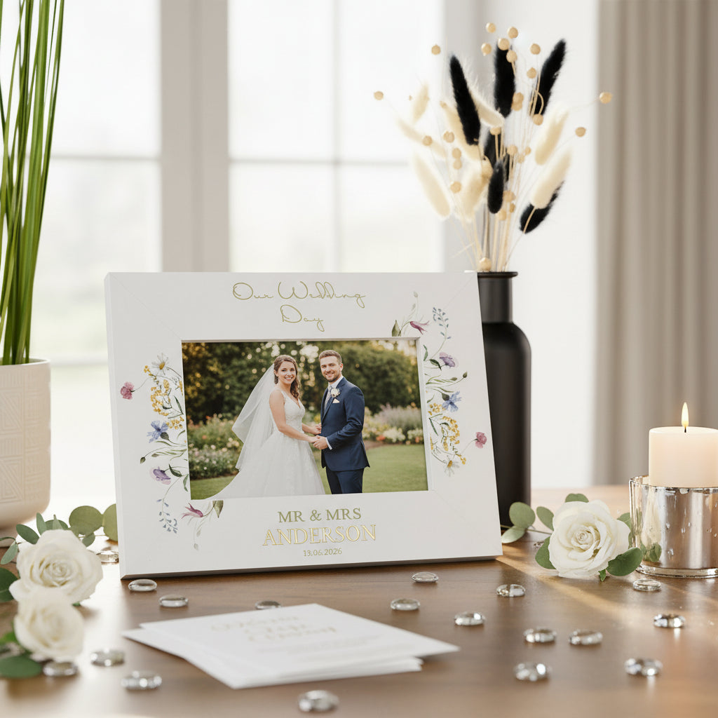 Personalised Wedding Photo Frame – Custom Engraved Floral Wildflower Keepsake 6x4 Photo Frame ukgiftstoreonline