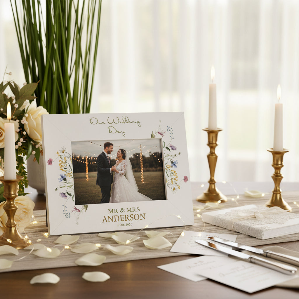 Personalised Wedding Photo Frame – Custom Engraved Floral Wildflower Keepsake 6x4 Photo Frame ukgiftstoreonline