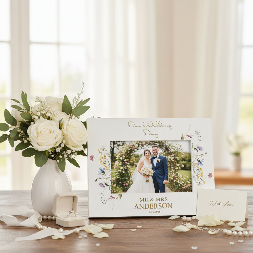 Personalised Wedding Photo Frame – Custom Engraved Floral Wildflower Keepsake 6x4 Photo Frame ukgiftstoreonline Landscape