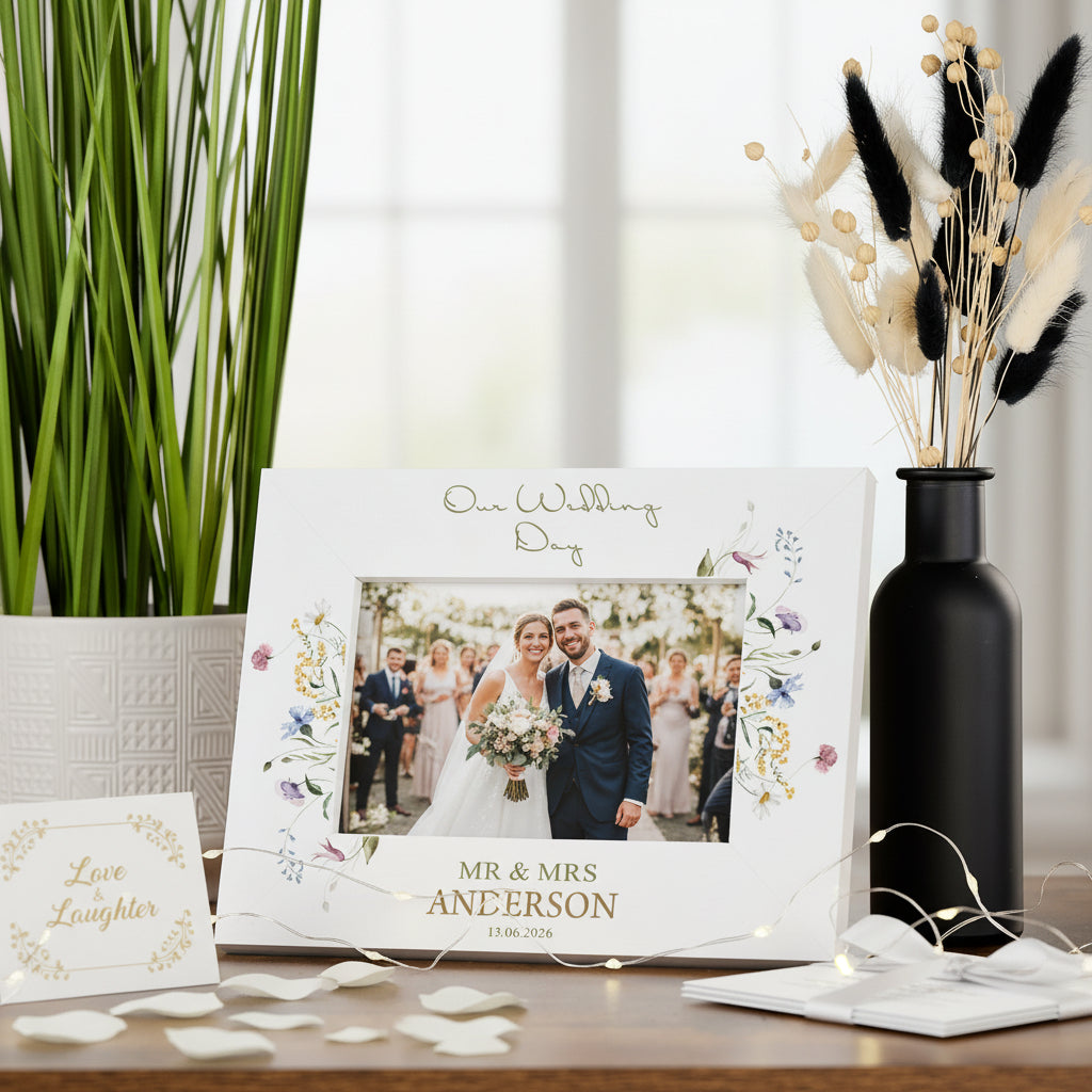 Personalised Wedding Photo Frame – Custom Engraved Floral Wildflower Keepsake 6x4 Photo Frame ukgiftstoreonline