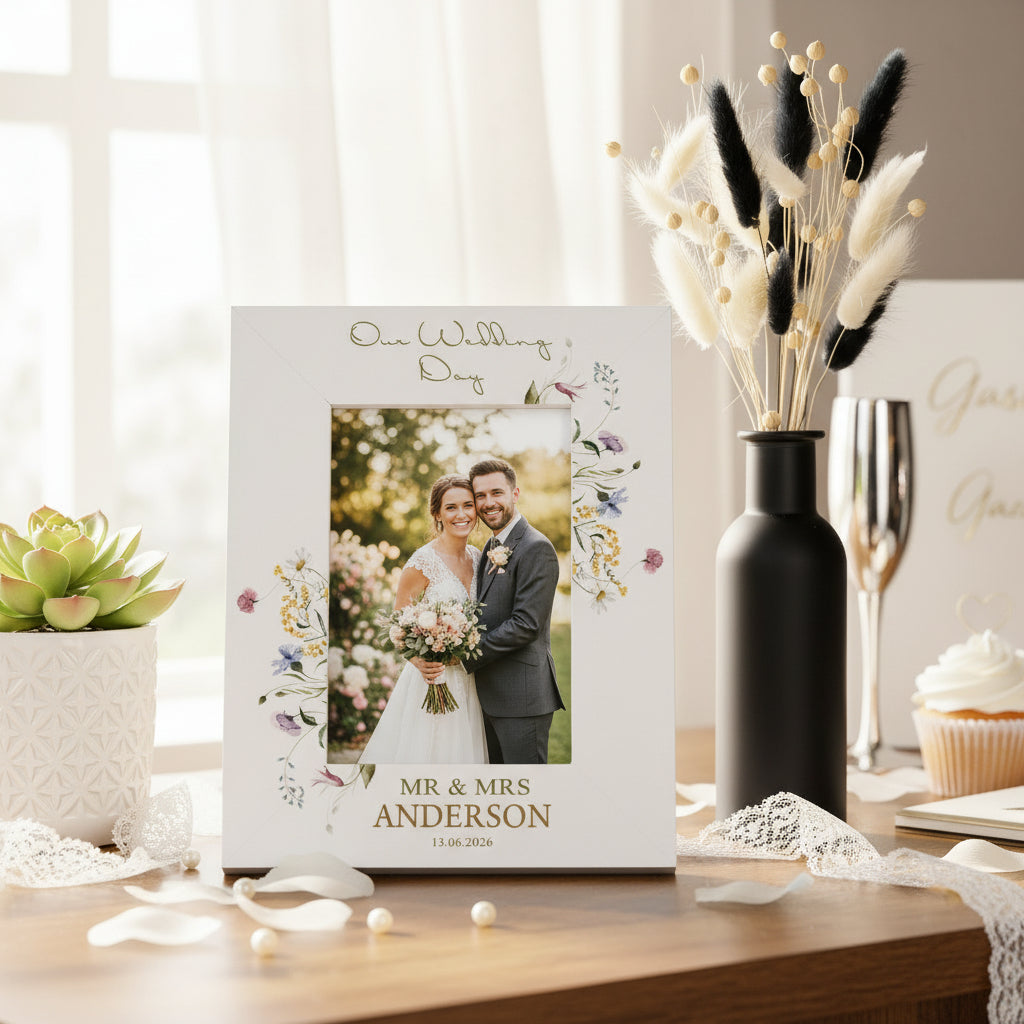 Personalised Wedding Photo Frame – Custom Engraved Floral Wildflower Keepsake 6x4 Photo Frame ukgiftstoreonline