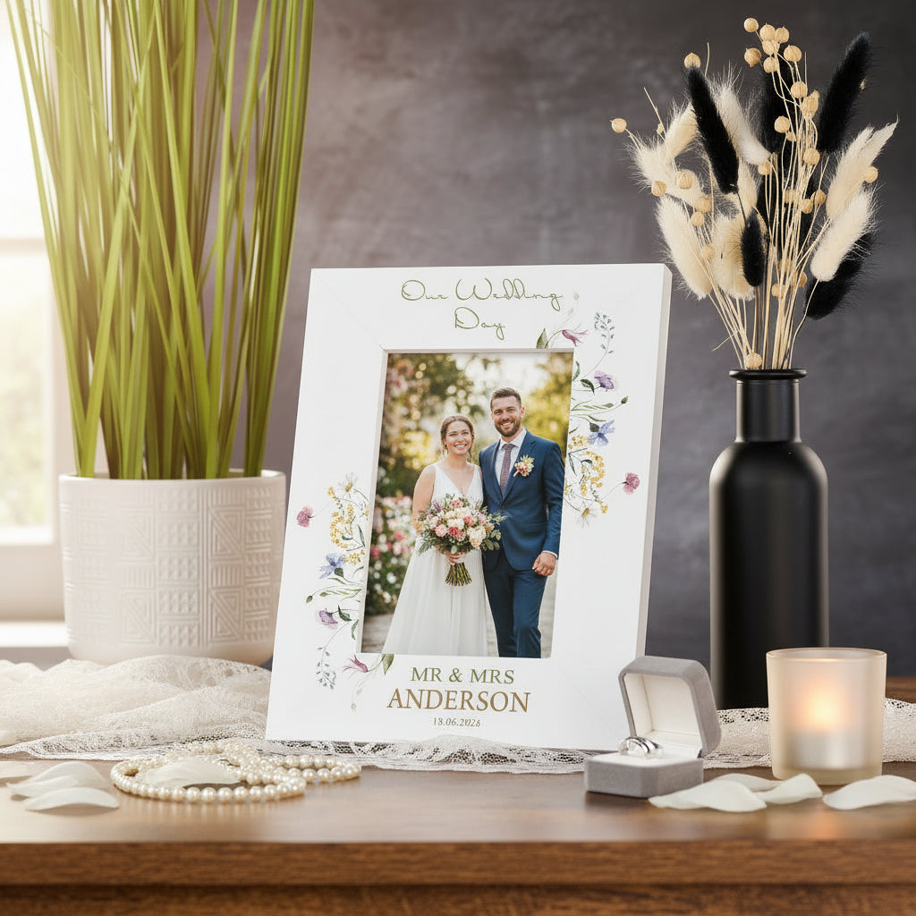 Personalised Wedding Photo Frame – Custom Engraved Floral Wildflower Keepsake 6x4 Photo Frame ukgiftstoreonline