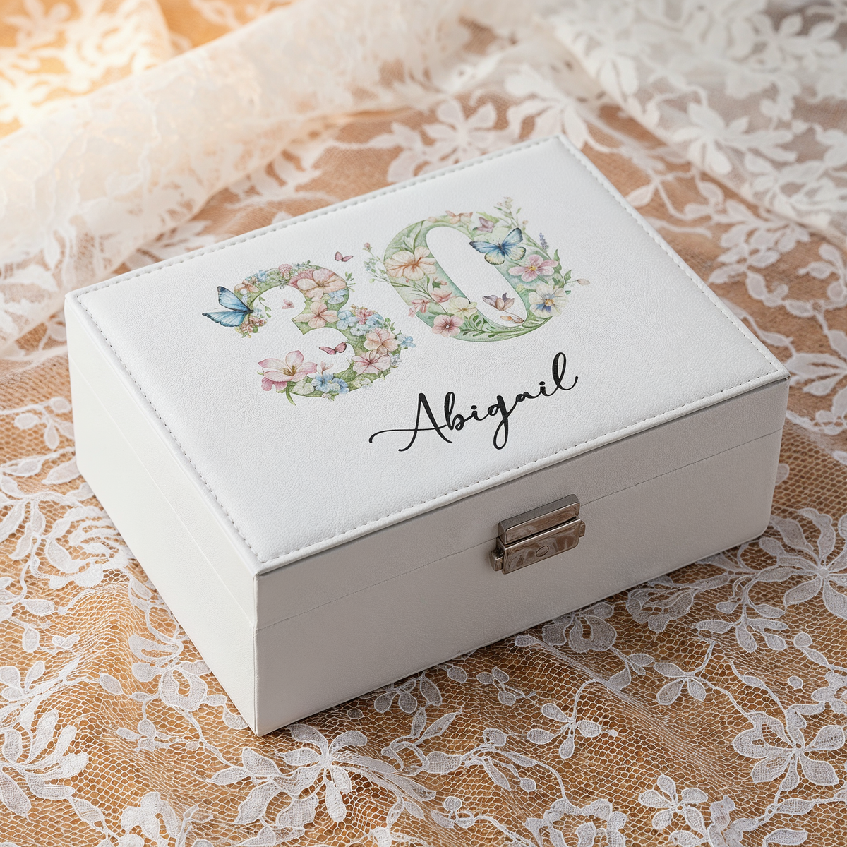 Personalised 30th Birthday Jewellery Box Gift For Her With Butterflies and Flowers