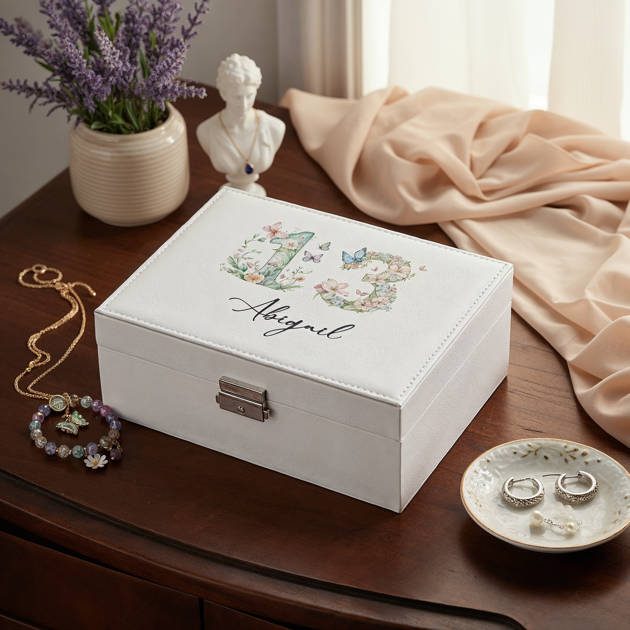 Personalised 13th Birthday Jewellery Box Gift For Her With Butterflies and Flowers