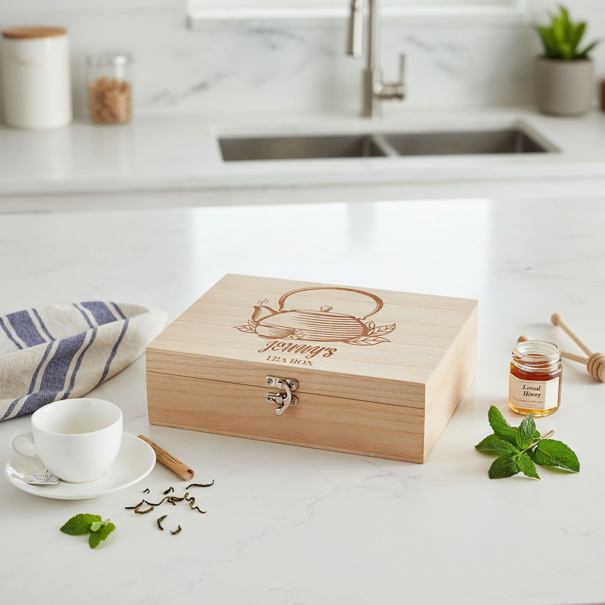 Personalised Tea Box Any Name Engraved With Old Fashion Pot Tea Box Raised Words