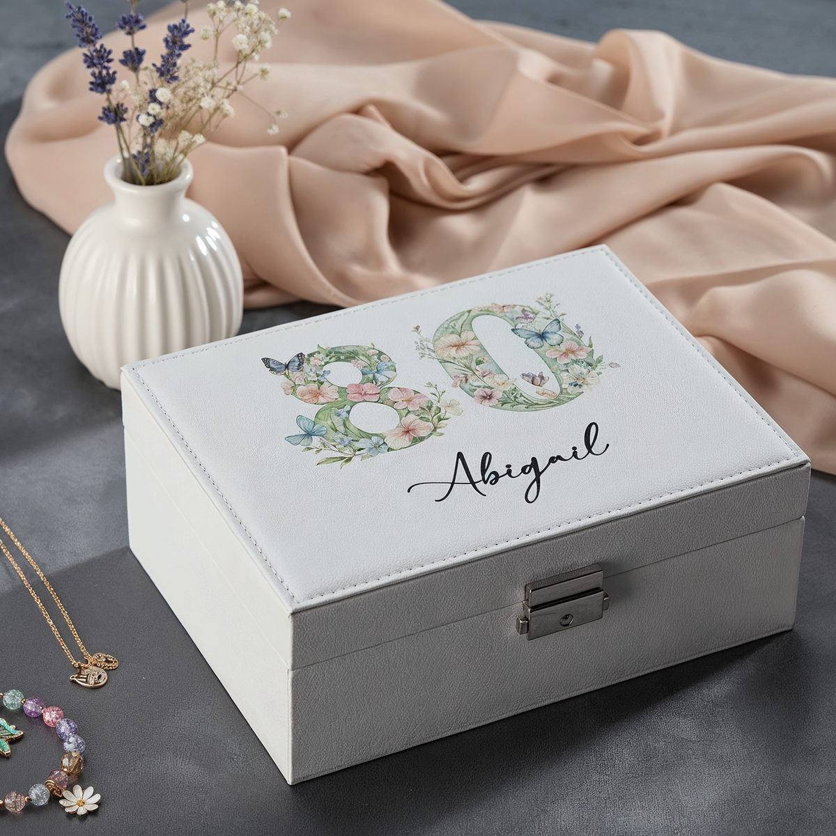 Personalised 80th Birthday Jewellery Box Gift For Her With Butterflies and Flowers
