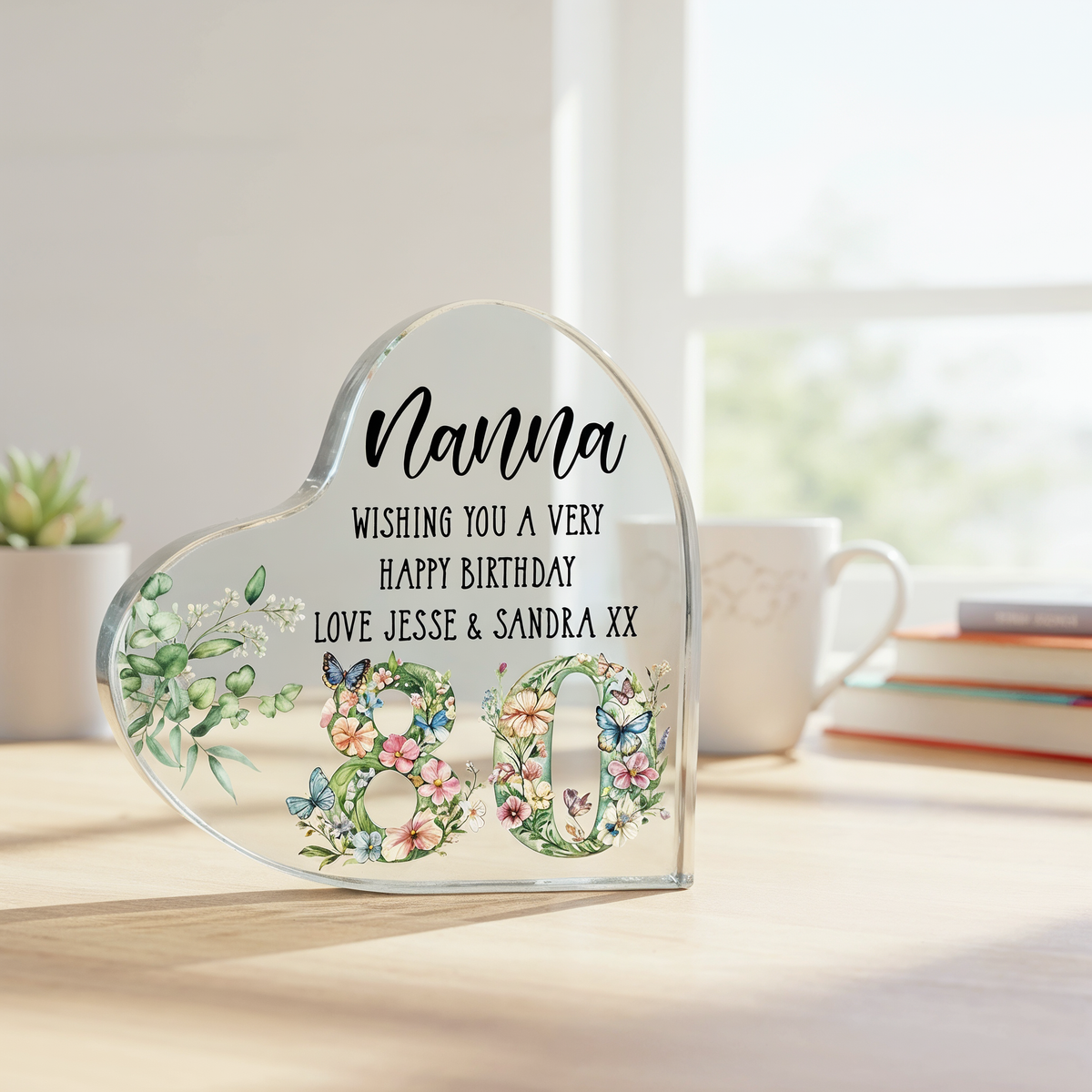 Personalised 80th Birthday Gift Heart Block in Silk Lined Gift Box With Flowers and Butterflies