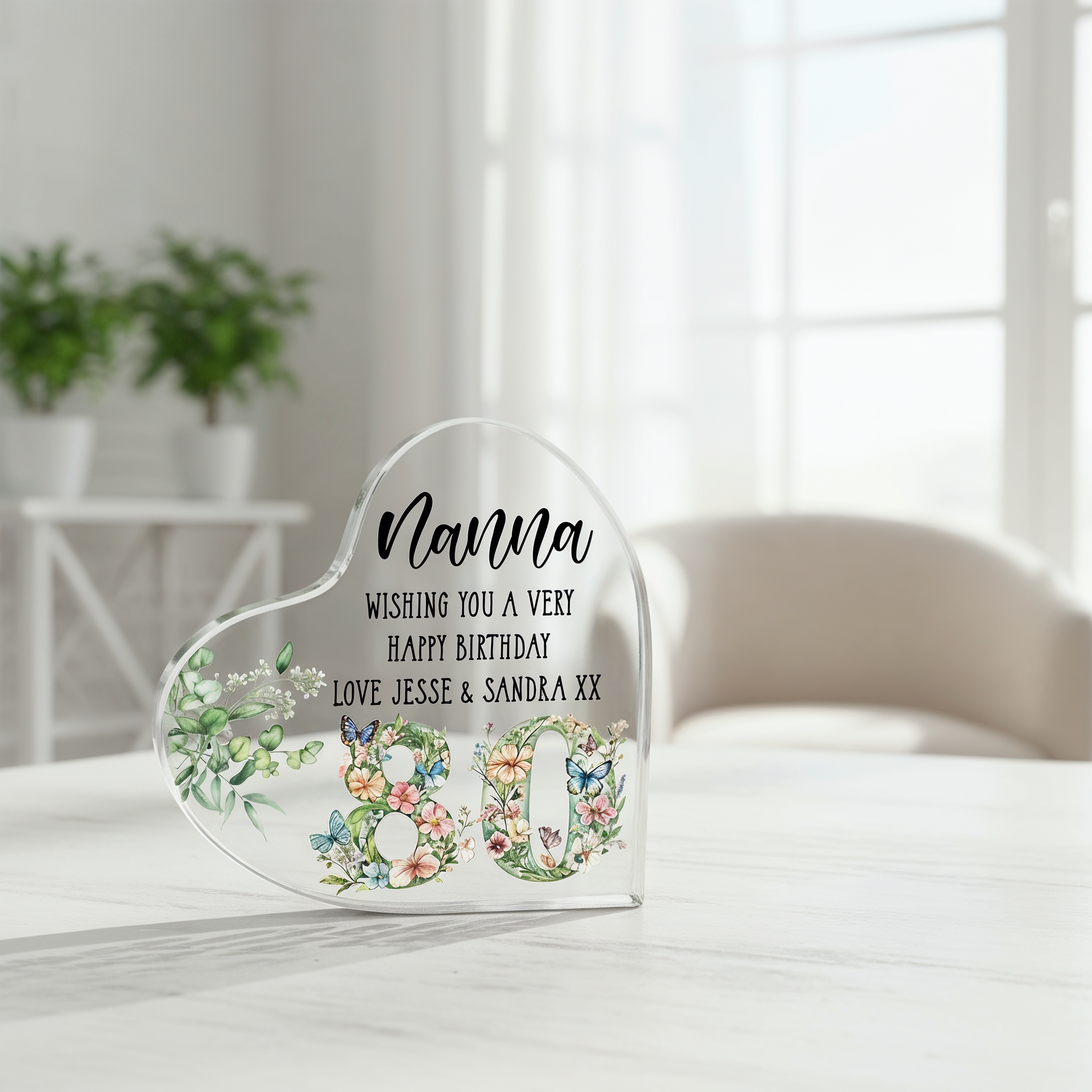 Personalised 80th Birthday Gift Heart Block in Silk Lined Gift Box With Flowers and Butterflies