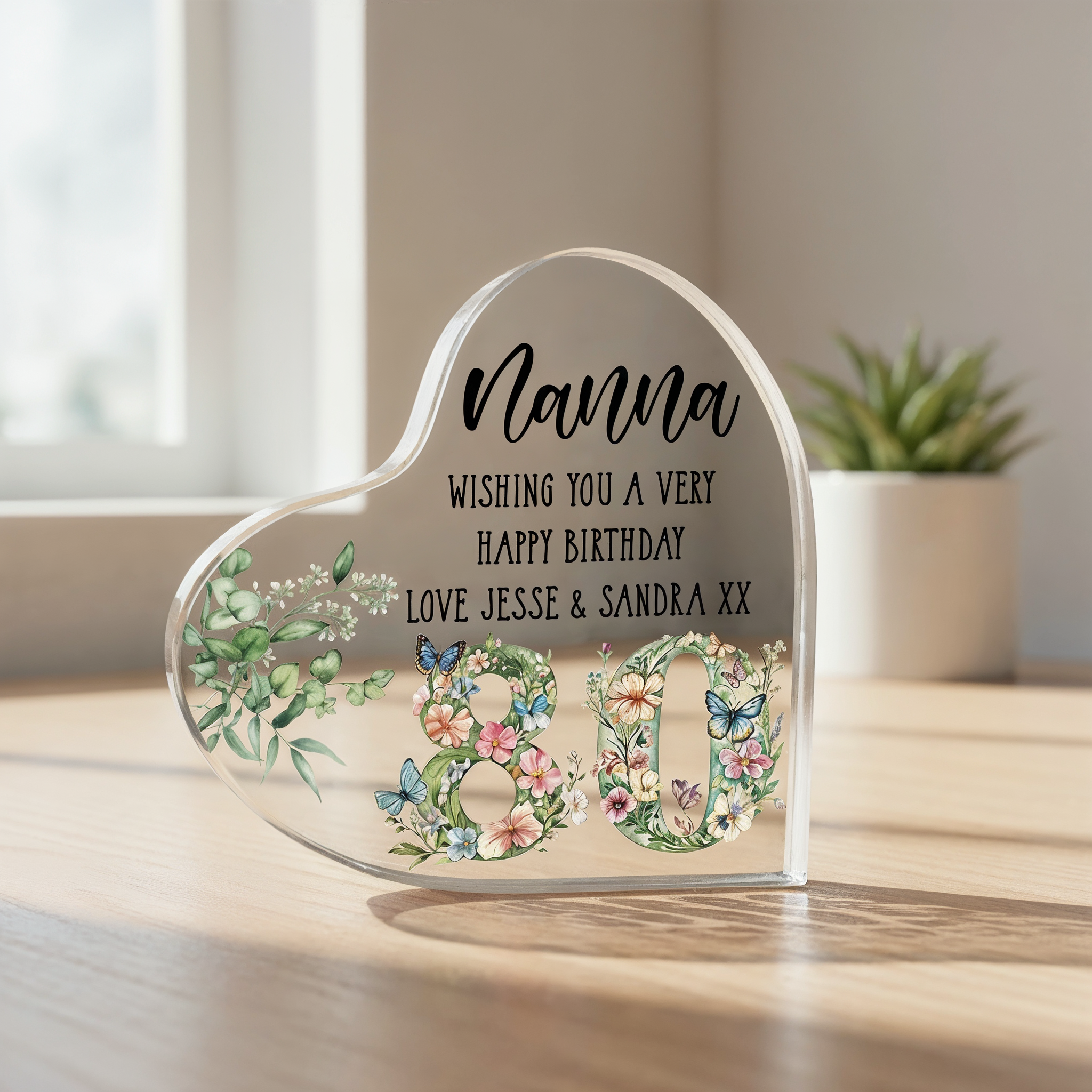 Personalised 80th Birthday Gift Heart Block in Silk Lined Gift Box With Flowers and Butterflies