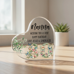 Personalised 80th Birthday Gift Heart Block in Silk Lined Gift Box With Flowers and Butterflies