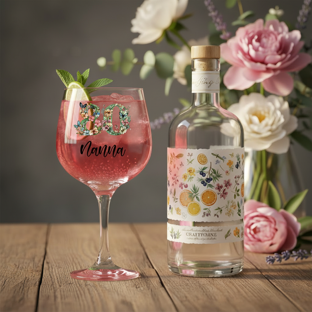 Personalised 80th Birthday Cocktail Gin Glass Gift For Her With Flowers and Butterflies