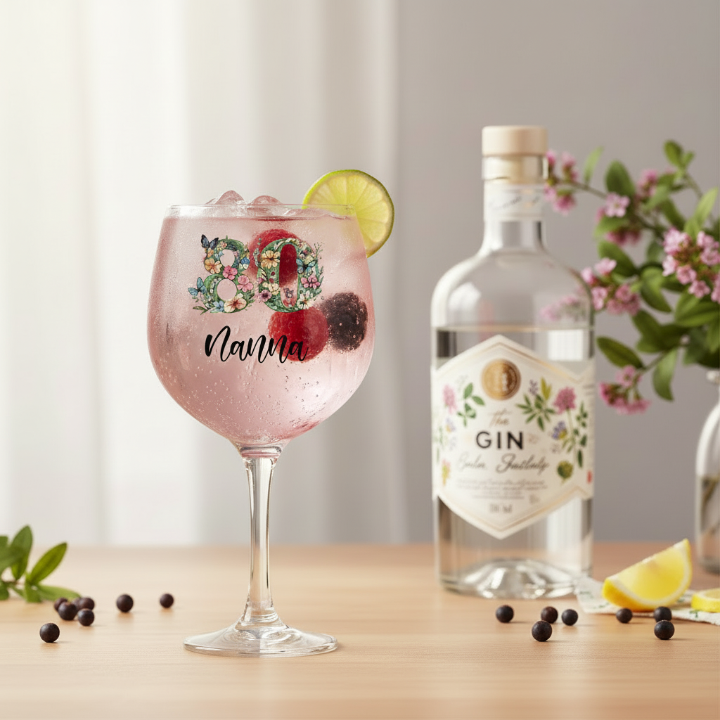 Personalised 80th Birthday Cocktail Gin Glass Gift For Her With Flowers and Butterflies