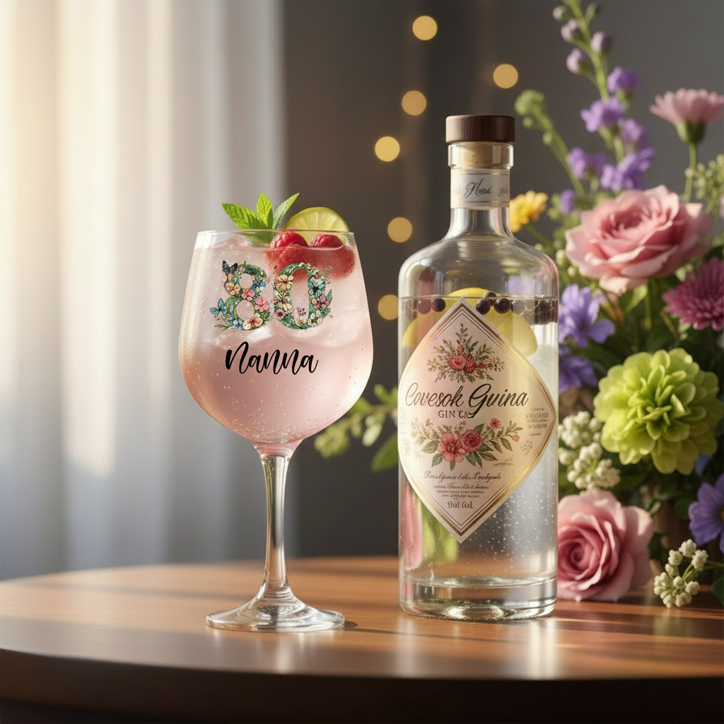 Personalised 80th Birthday Cocktail Gin Glass Gift For Her With Flowers and Butterflies