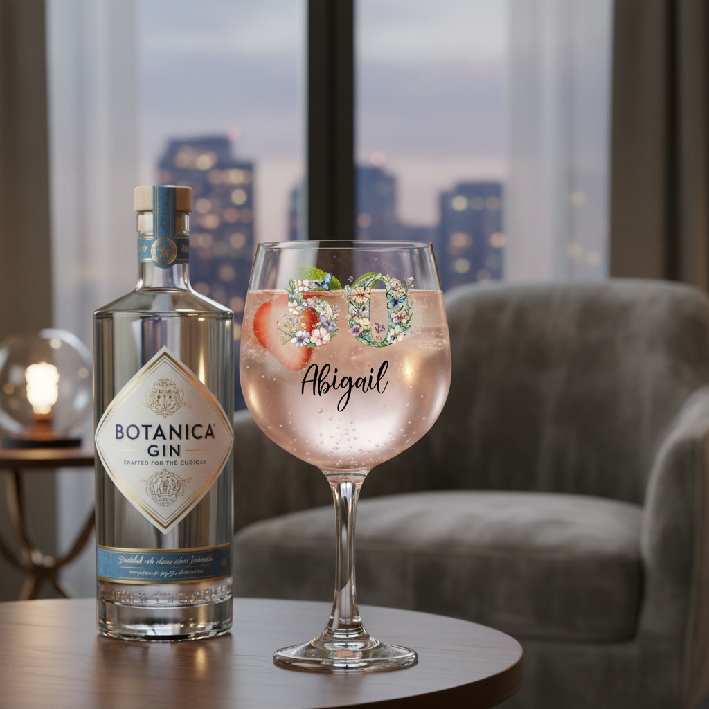 Personalised 50th Birthday Cocktail Gin Glass Gift For Her With Flowers and Butterflies