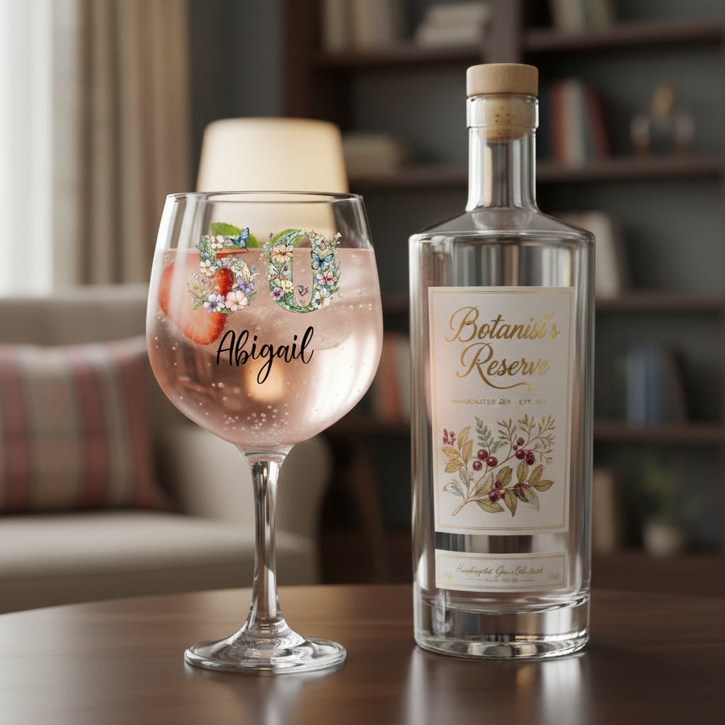 Personalised 50th Birthday Cocktail Gin Glass Gift For Her With Flowers and Butterflies