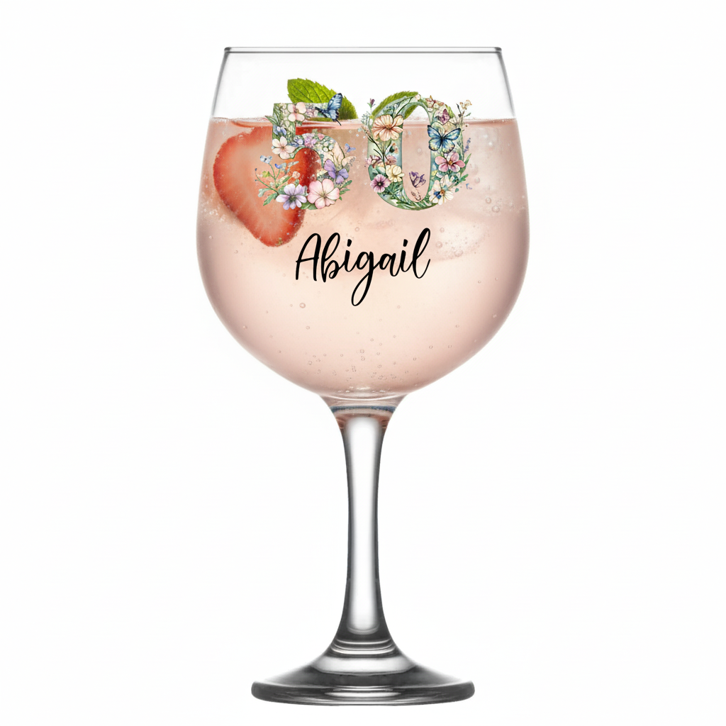 Personalised 50th Birthday Cocktail Gin Glass Gift For Her With Flowers and Butterflies