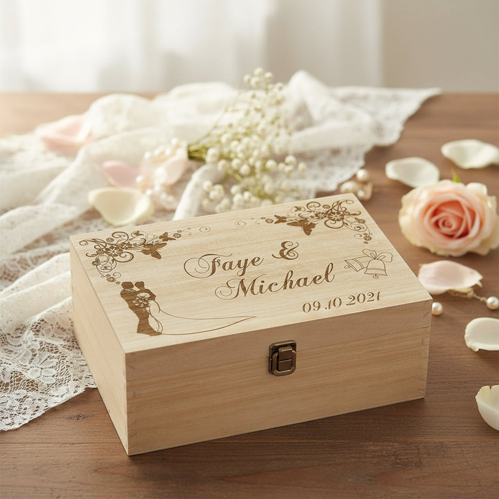 Personalised Large Wedding Floral Design Wooden Memories Keepsake Box Keepsake Memory Box Raised Words