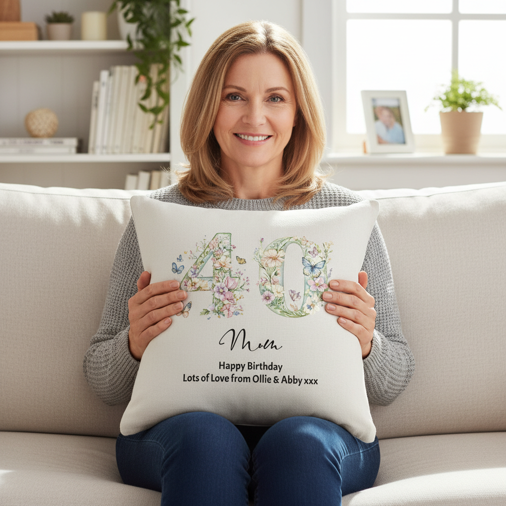40th Birthday Gift For Her Personalised Cushion With Butterflies and Flowers Personalised Cushion Gifts ukgiftstoreonline