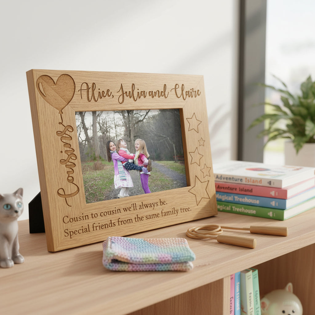 Personalised Cousins Engraved Wooden Photo Frame Balloon Design Photo Frame ukgiftstoreonline 4 x 6 Inch