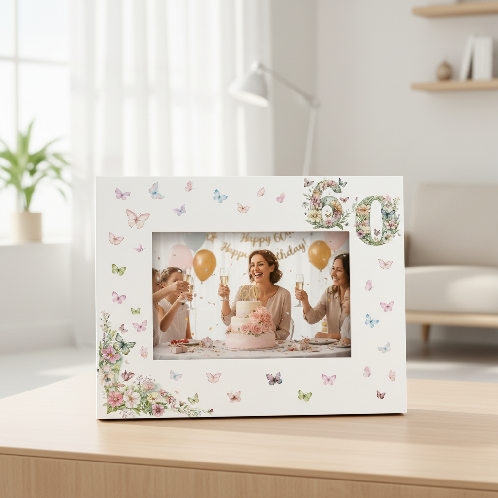 60th Birthday Photo Picture Frame Gift For Her With Butterflies and Flowers Photo Frame ukgiftstoreonline