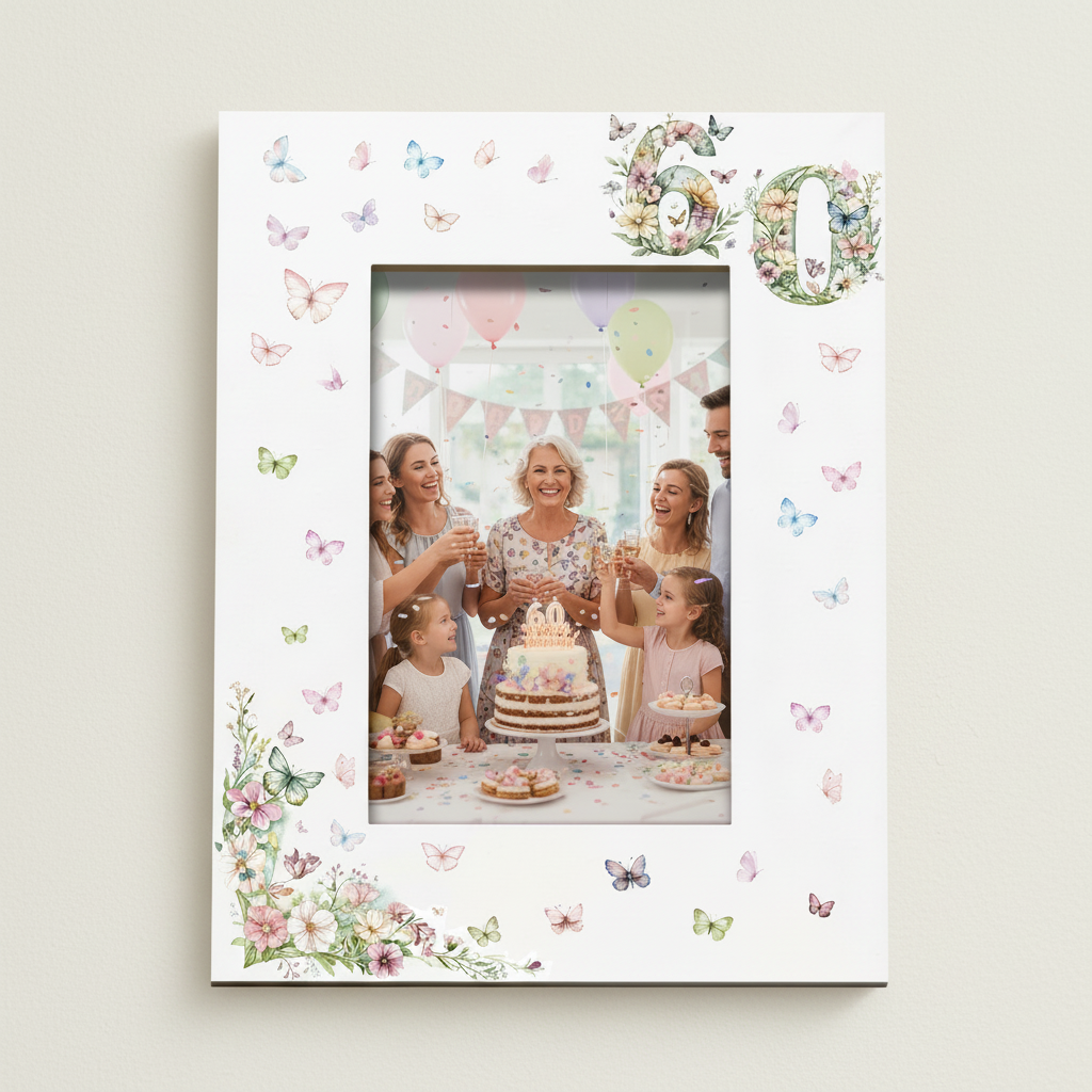 60th Birthday Photo Picture Frame Gift For Her With Butterflies and Flowers Photo Frame ukgiftstoreonline