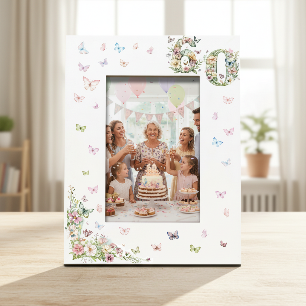 60th Birthday Photo Picture Frame Gift For Her With Butterflies and Flowers Photo Frame ukgiftstoreonline Portrait