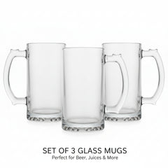 Set of Three Beer Mugs, 15cm Height, 11cm Width, Nucleated Base, Heavy Weight, Comfortable Handle, Gift for Men Milk, Juice, Bar, Beverages