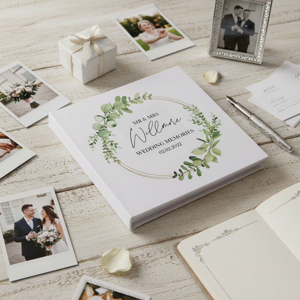Personalised Large Wedding Photo Album Gift Linen Cover Eucalyptus Wreath Linen Photo Album ukgiftstoreonline