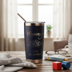 Personalised Engraved Thermal Travel Mug Gift For Her Reusable Coffee Tumbler Cup With Metal Straw Flower Theme