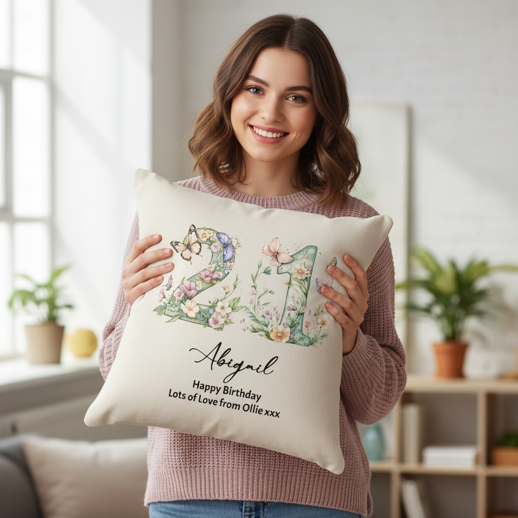 21st Birthday Gift For Her Personalised Cushion With Butterflies and Flowers Personalised Cushion Gifts ukgiftstoreonline