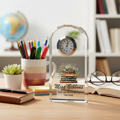 Personalised Teacher Crystal Glass Clock Gift With Floral Books For End Of Year Personalised Crystal Glass ukgiftstoreonline