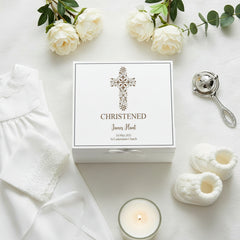 Personalised Christening White Engraved Wooden Keepsake Box With Floral Cross Design Keepsake Box ukgiftstoreonline