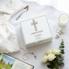 Personalised Christening White Engraved Wooden Keepsake Box With Floral Cross Design Keepsake Box ukgiftstoreonline