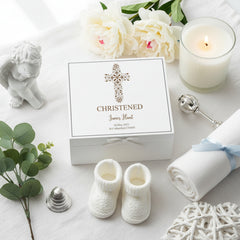 Personalised Christening White Engraved Wooden Keepsake Box With Floral Cross Design Keepsake Box ukgiftstoreonline